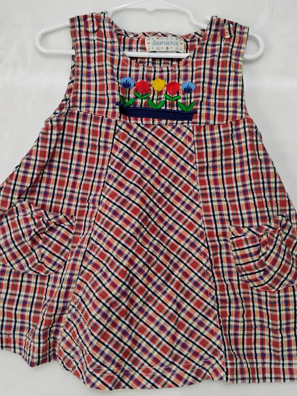 Vtg Samara 2T Red Plaid Jumper Dress Embroidered Flowers Pockets Summer T